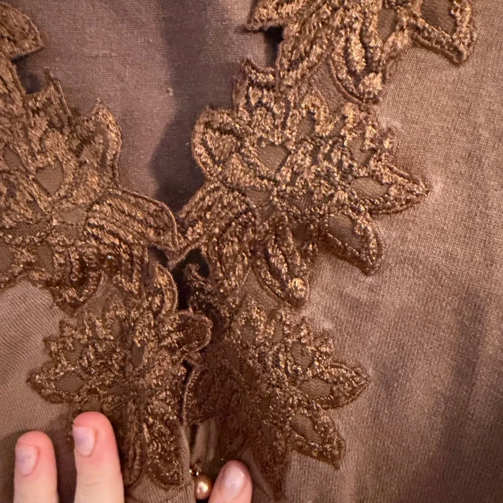 Mainbocher‎ Silk Blend Cardigan Brown Medium Lace Trim Romantic Work Office